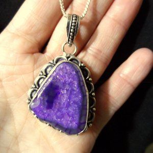 New Purple AGATE Crystal Charm Pendant & 26" Necklace Set 925 Silver Scallop